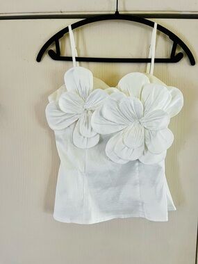 Gracia 3D Flower Appliqué French Rivera Boho Organza Sleeveless Party Blouse L